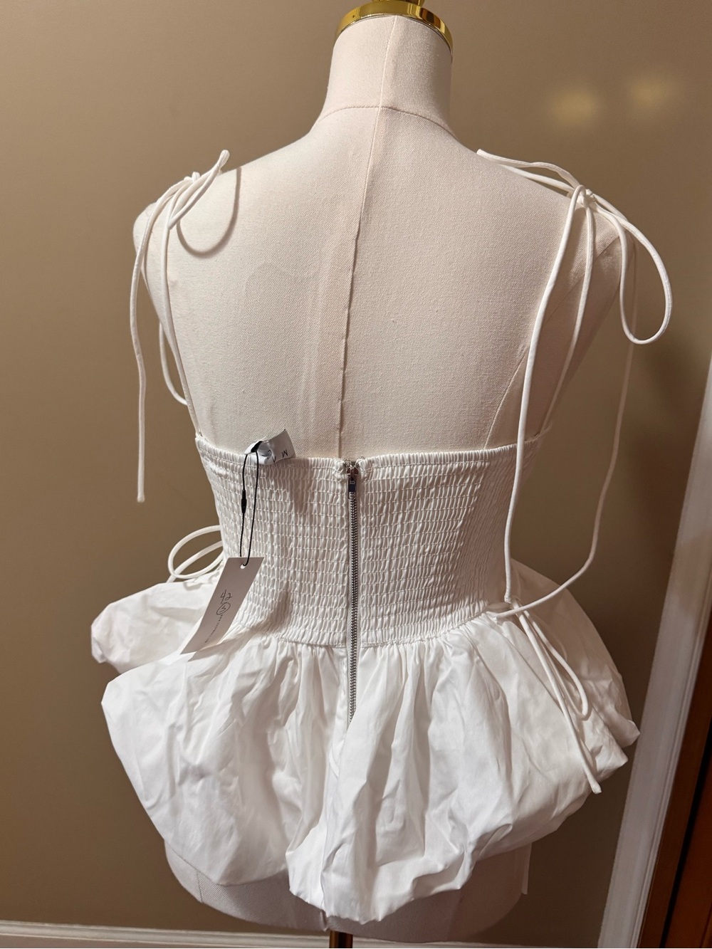Noble White Smocked Bodice Tie-Strap Peplum Top (BRAND NEW) - Picture 3 of 4